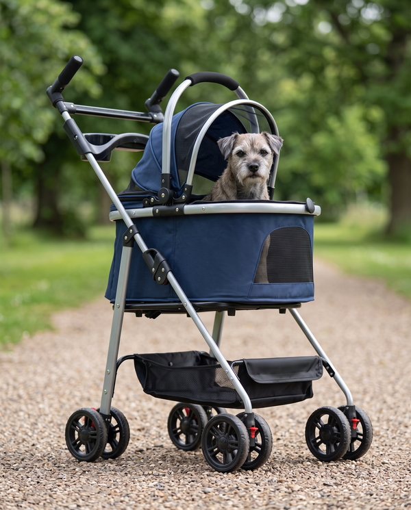 A small senior terrier sitting in a navy four-wheel dog stroller on a park path
