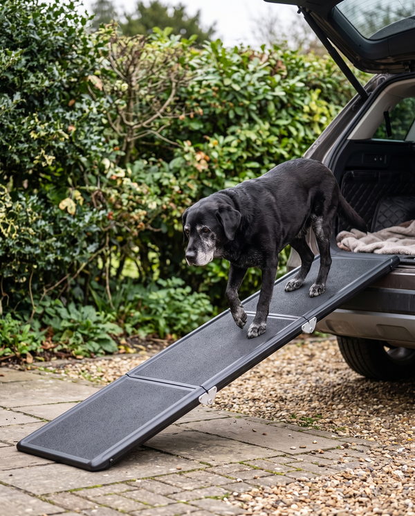 A senior labrador walking up a folding aluminium ramp into a car boot on a driveway