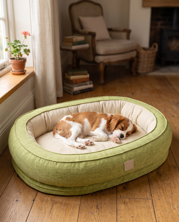 A cavalier king charles spaniel curled asleep in a deep-filled bolster dog bed