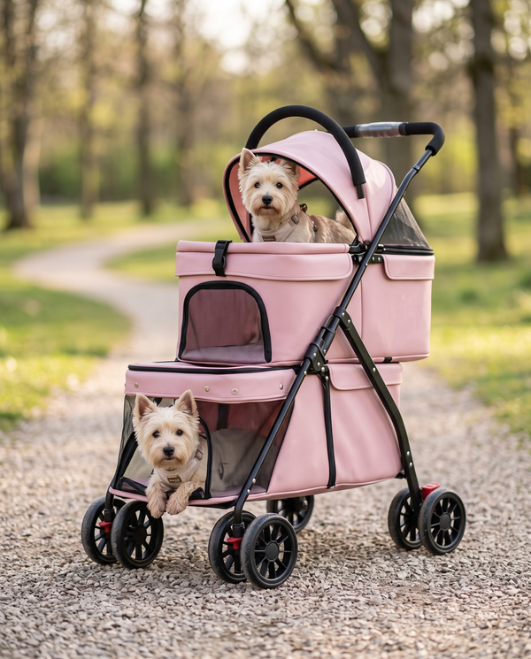 A two-tier dog stroller on a park path with two small terriers riding on separate levels
