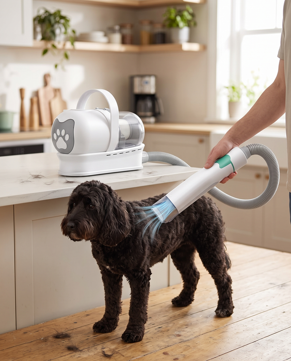 A grooming vacuum drawing loose hair from a cockapoo's coat in a kitchen