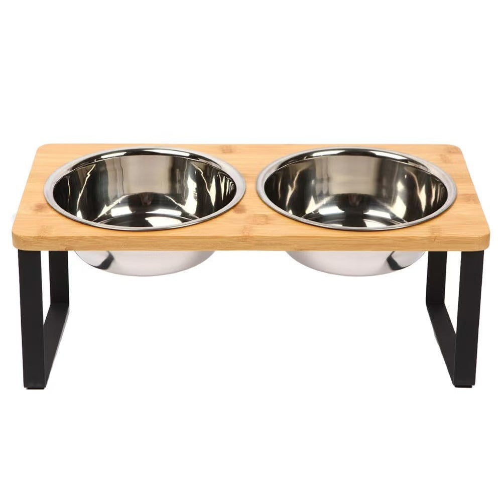 Buddies Raised Bamboo Dog Bowl Stand | Elevated Feeder with 2 or 3 Stainless Steel Bowls for Small Dogs