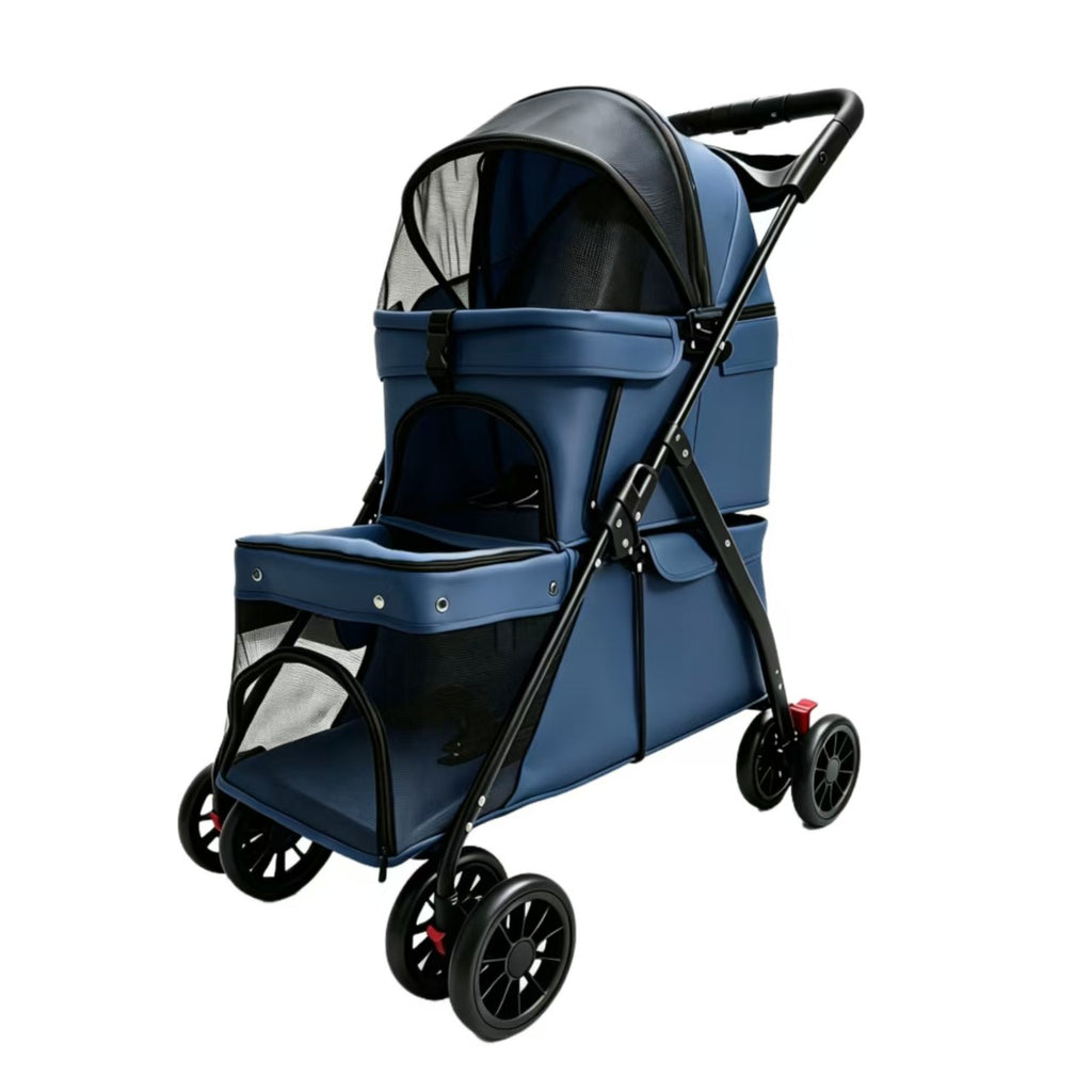 Buddies Double-Layer Dog Stroller — Detachable Two-Tier Pet Pram with Mesh Ventilation | Foldable Metal Frame