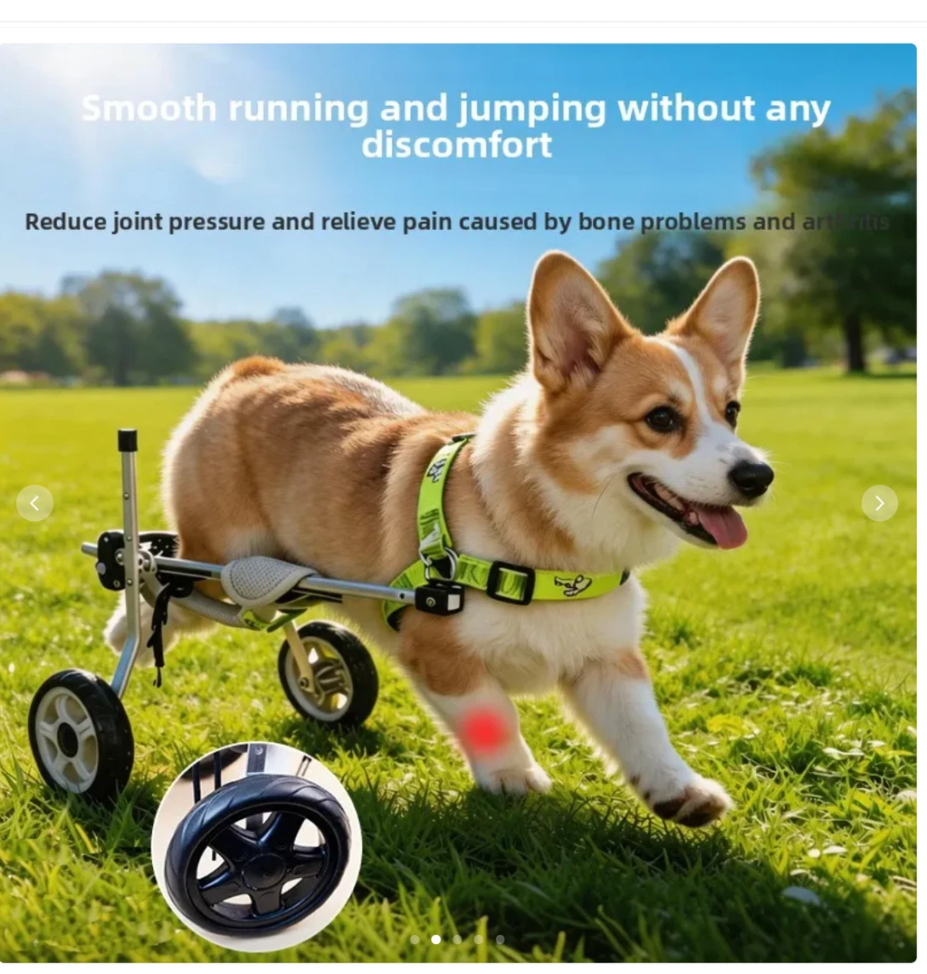 Buddies small dog wheelchair with lime-green harness and silent rear wheels