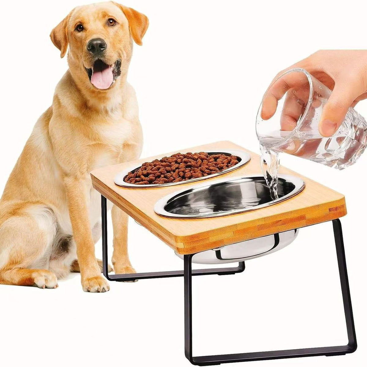 Buddies Raised Bamboo Dog Bowl Stand | Elevated Feeder with 2 or 3 Stainless Steel Bowls for Small Dogs