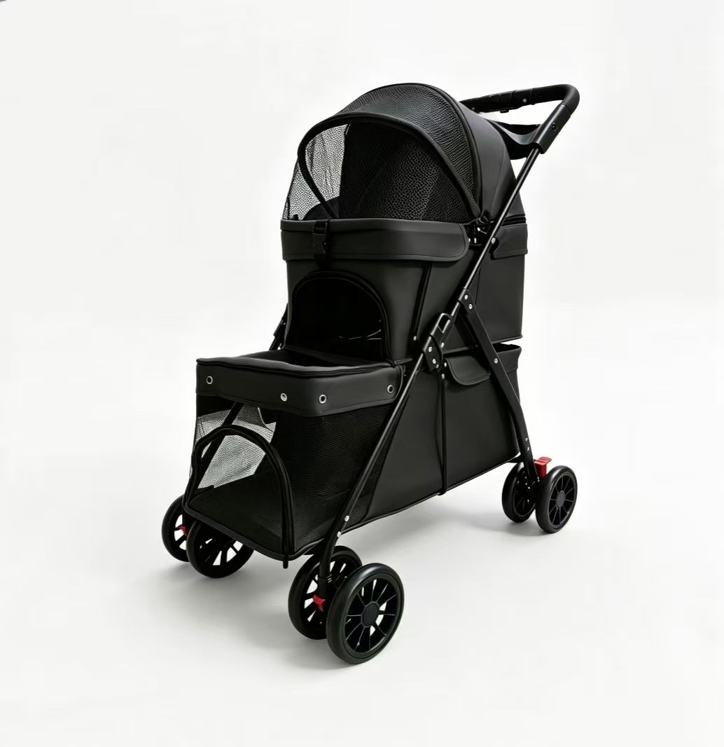 Buddies Double-Layer Dog Stroller — Detachable Two-Tier Pet Pram with Mesh Ventilation | Foldable Metal Frame