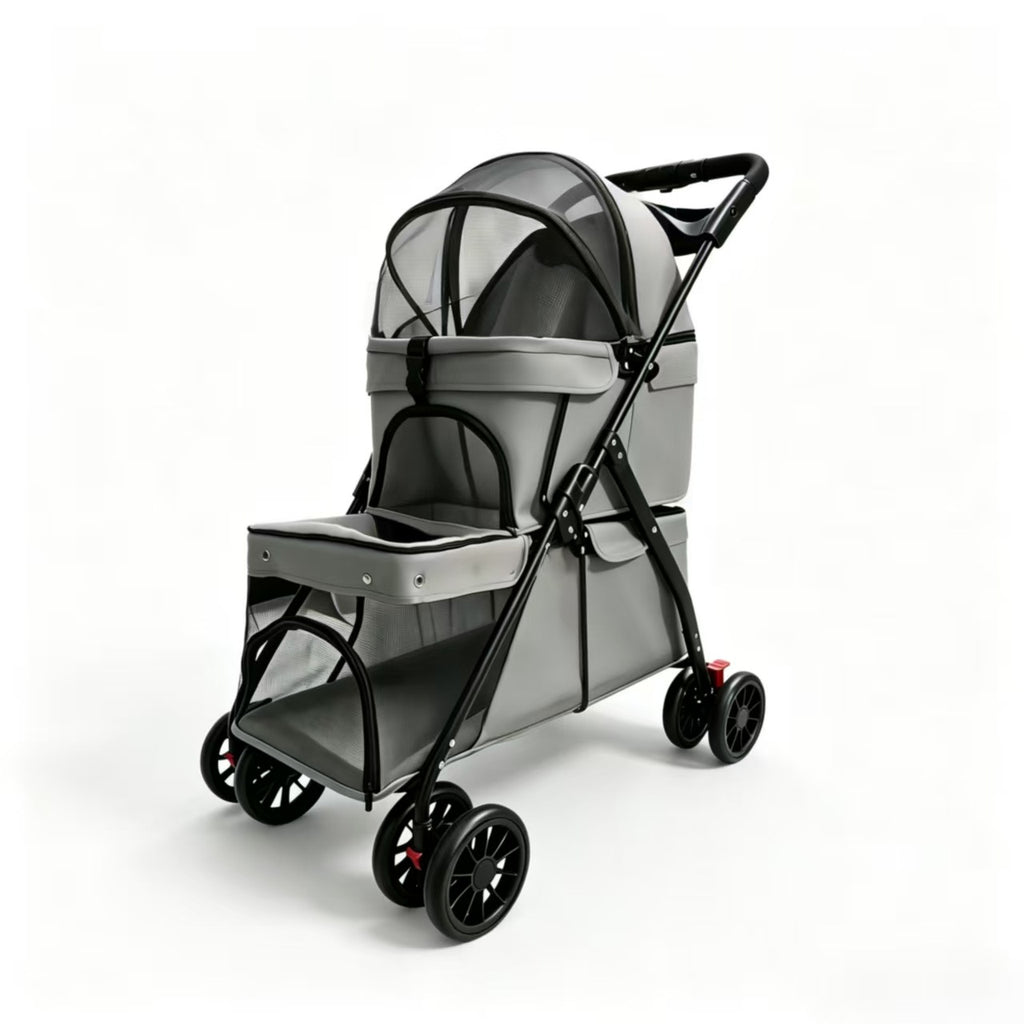 Buddies Double-Layer Dog Stroller — Detachable Two-Tier Pet Pram with Mesh Ventilation | Foldable Metal Frame