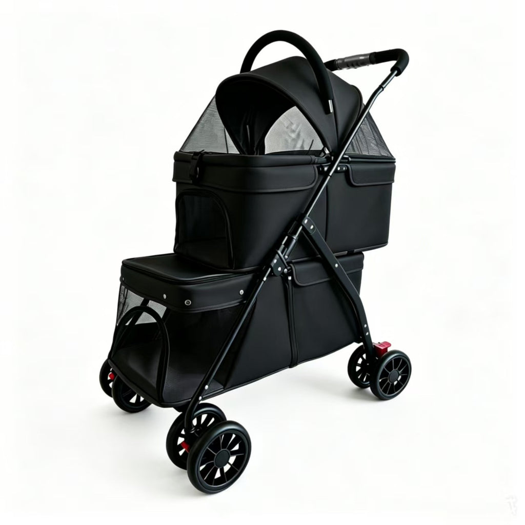 Buddies Double-Layer Dog Stroller — Detachable Two-Tier Pet Pram with Mesh Ventilation | Foldable Metal Frame
