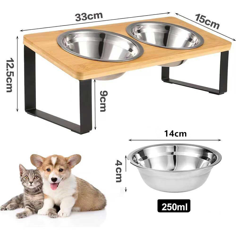Buddies Raised Bamboo Dog Bowl Stand | Elevated Feeder with 2 or 3 Stainless Steel Bowls for Small Dogs