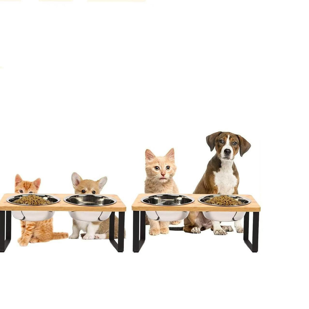Buddies Raised Bamboo Dog Bowl Stand | Elevated Feeder with 2 or 3 Stainless Steel Bowls for Small Dogs