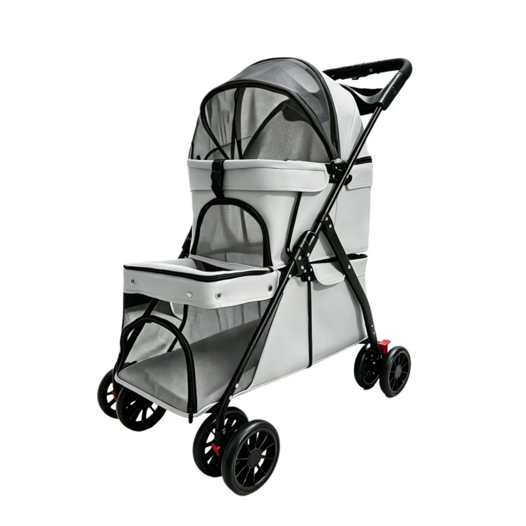 Buddies Double-Layer Dog Stroller — Detachable Two-Tier Pet Pram with Mesh Ventilation | Foldable Metal Frame