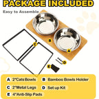 Buddies Raised Bamboo Dog Bowl Stand | Elevated Feeder with 2 or 3 Stainless Steel Bowls for Small Dogs