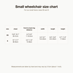 Buddies small dog wheelchair size chart: XS and S chest, front-to-back leg distance, width, length and height in cm and inches