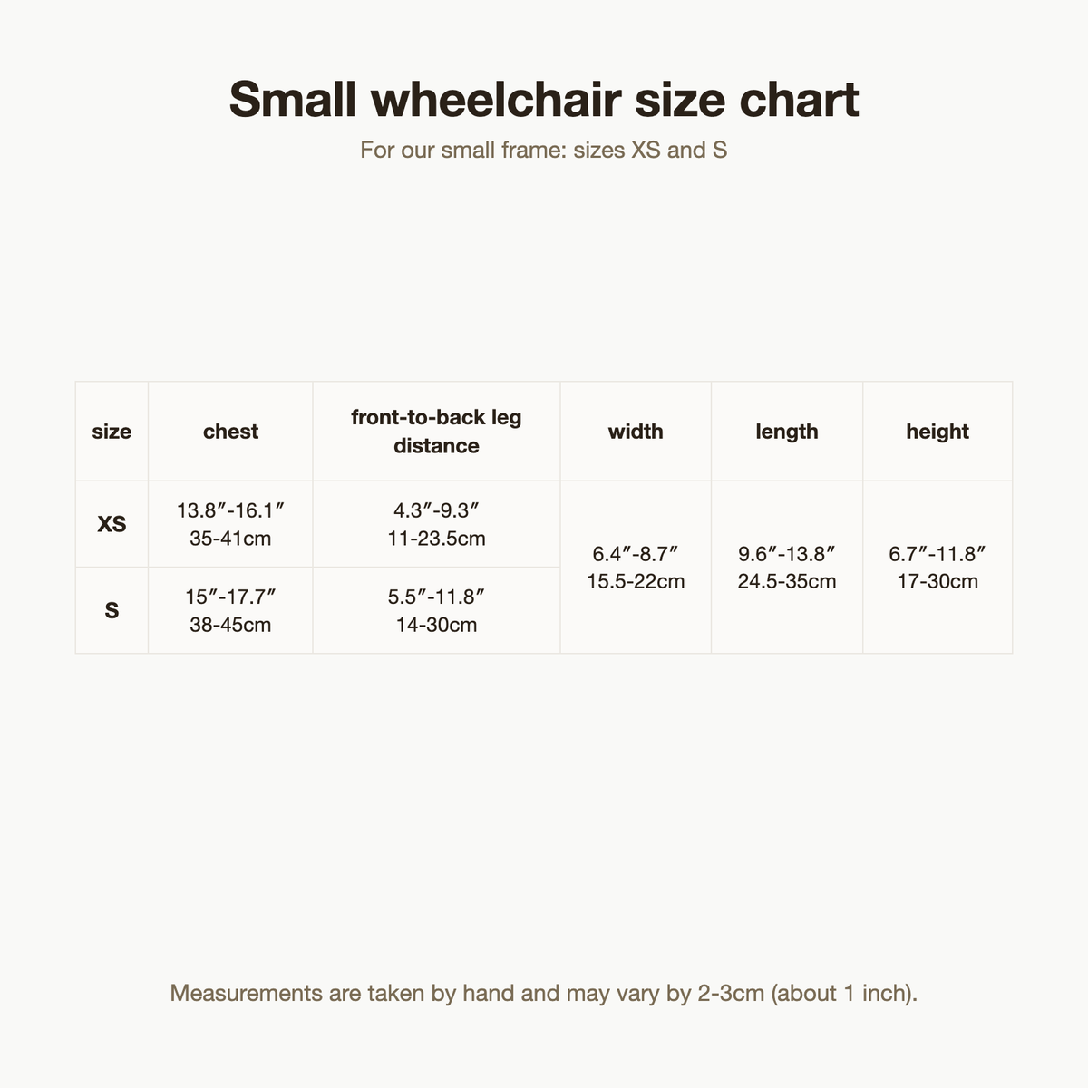 Buddies small dog wheelchair size chart: XS and S chest, front-to-back leg distance, width, length and height in cm and inches