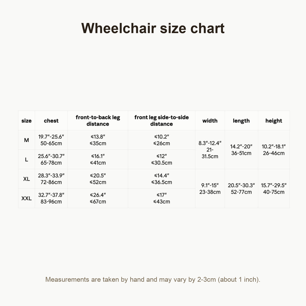 Buddies dog wheelchair size chart: M, L, XL and XXL chest, leg distance, width, length and height measurements in cm and inches