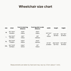Buddies dog wheelchair size chart: M, L, XL and XXL chest, leg distance, width, length and height measurements in cm and inches