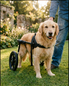 Golden retriever supported by a black padded hind-leg wheelchair harness on a garden lawn