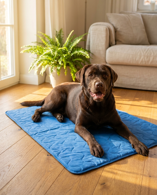Chocolate labrador resting on a blue self-cooling gel pad in a sunlit UK living room