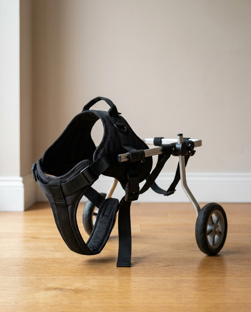 Black padded hind-leg dog wheelchair harness set up empty on a wooden floor