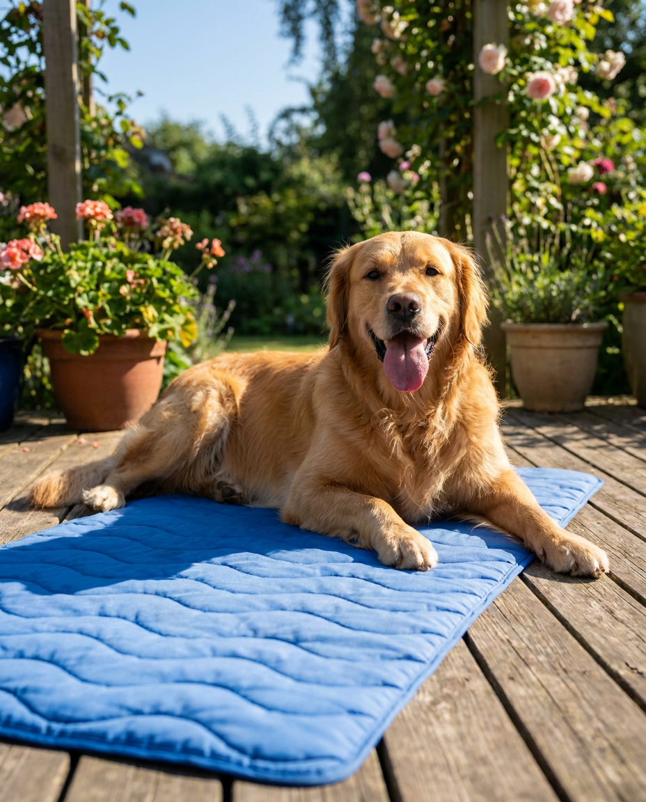 Golden retriever lying on a blue quilted self-cooling gel pad on UK garden decking