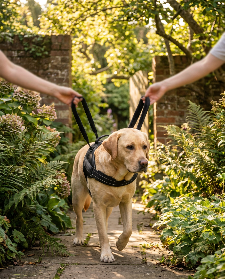 Labrador walking supported by owner via the two soft top handles of a padded recovery harness