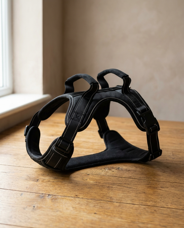 Black padded reflective dog recovery harness laid out neatly on a warm oak wooden floor