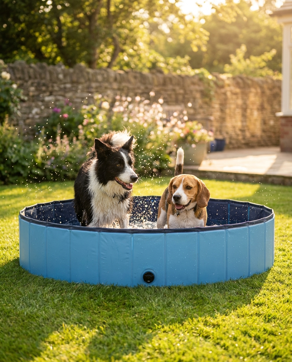 Two happy dogs cooling off together in a blue foldable dog paddling pool on a UK garden lawn