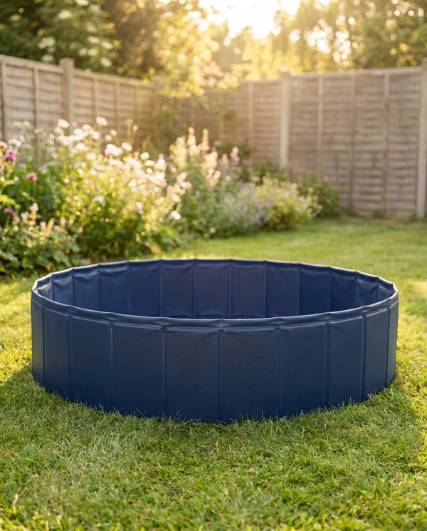 Empty blue foldable dog paddling pool set up on a lush green UK garden lawn
