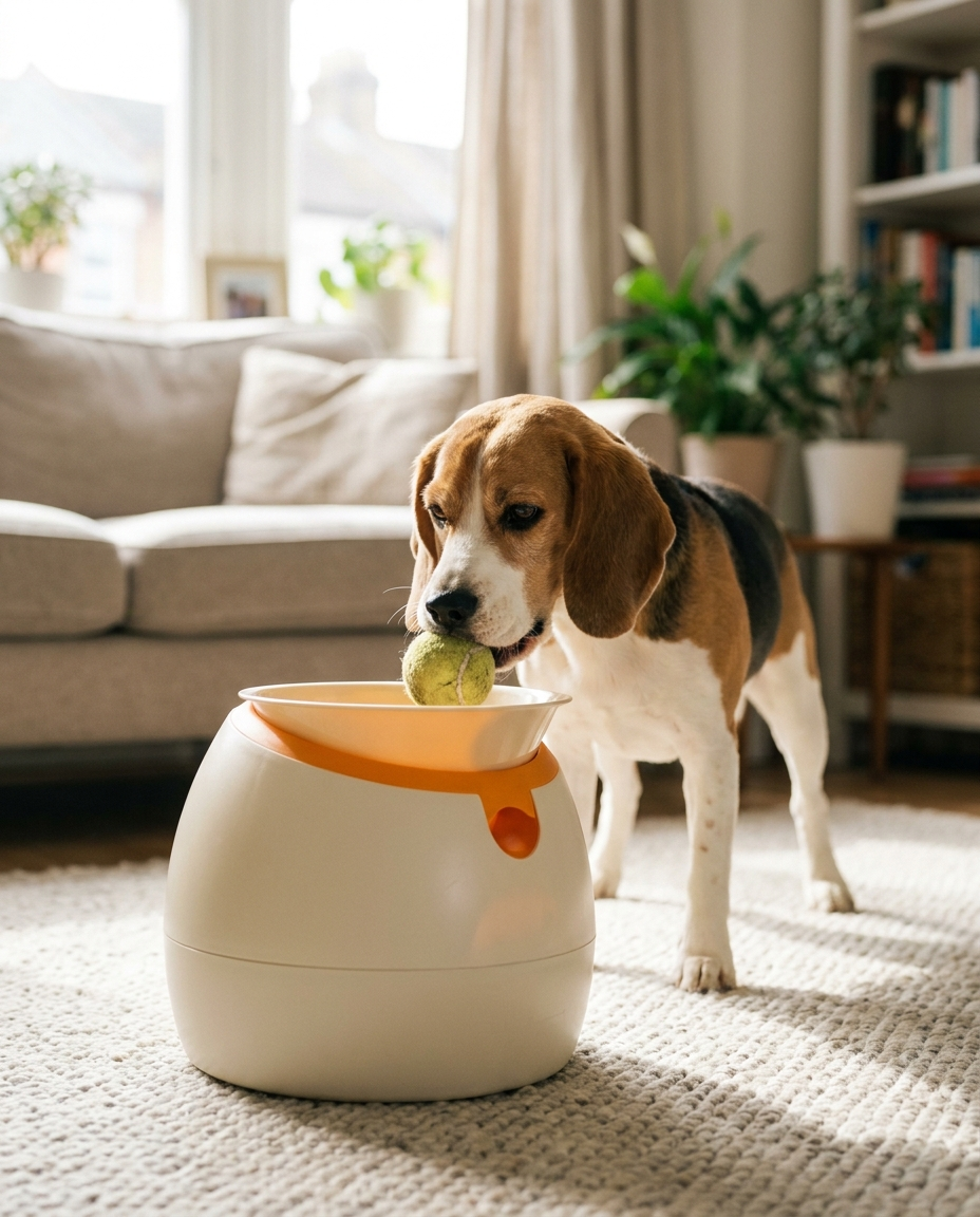 Beagle dropping a tennis ball into the top of an automatic dog ball launcher indoors