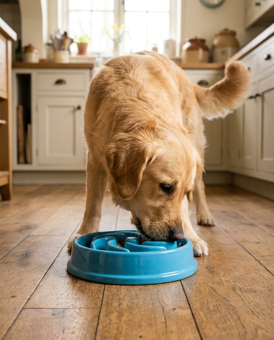 Golden retriever nosing kibble from a bright blue slow-feed puzzle bowl