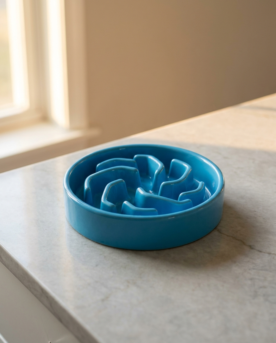 Bright blue slow-feed puzzle dog bowl clean and empty on a pale marble kitchen countertop