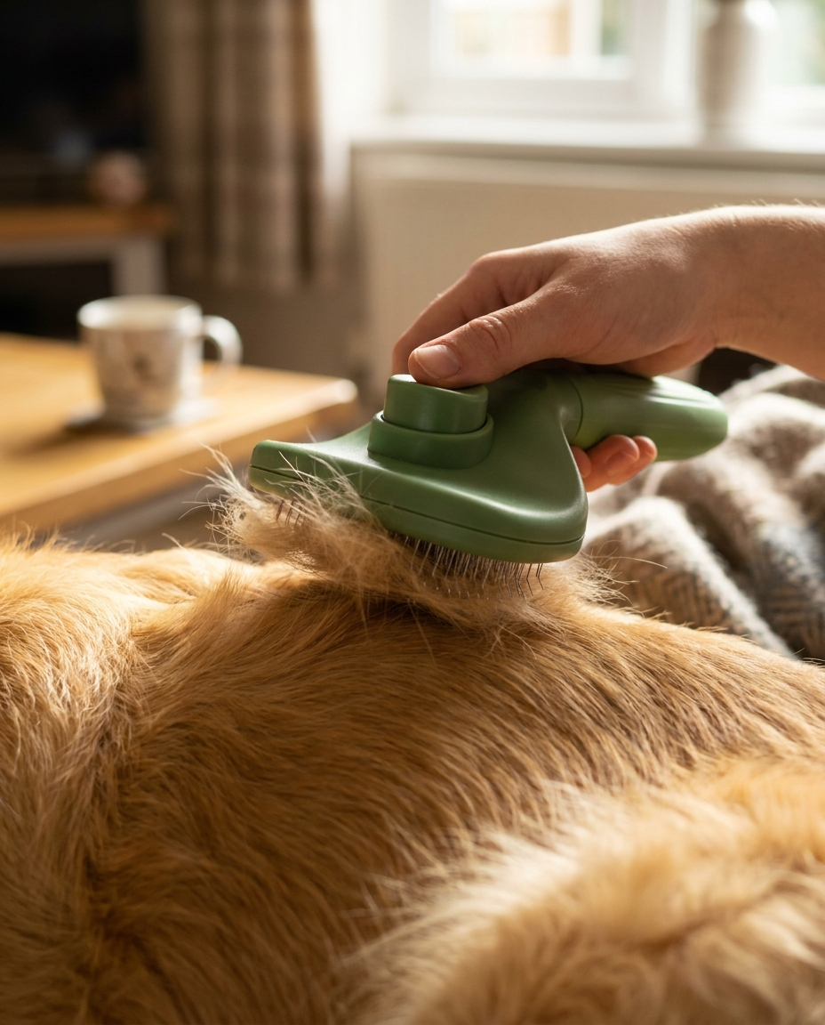 Close-up of a green self-cleaning slicker brush pulling through the fur of a golden retriever