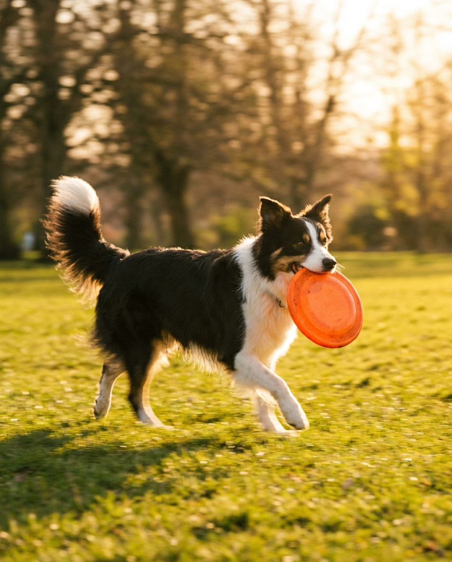 Border collie trotting back proudly with an orange soft-rubber frisbee in its mouth
