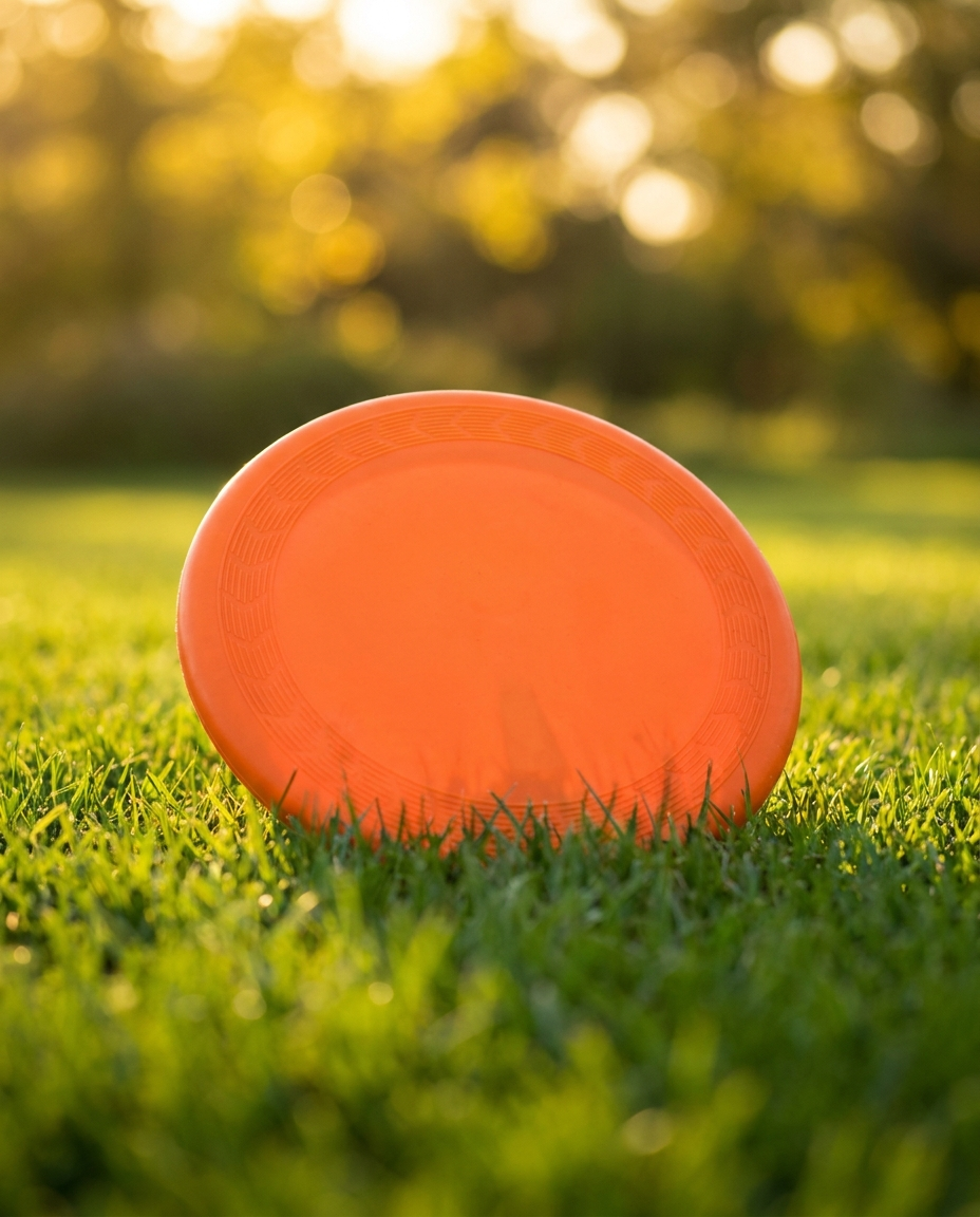 Bright orange soft-rubber TPR dog flying disc lying on lush green grass in sunlight