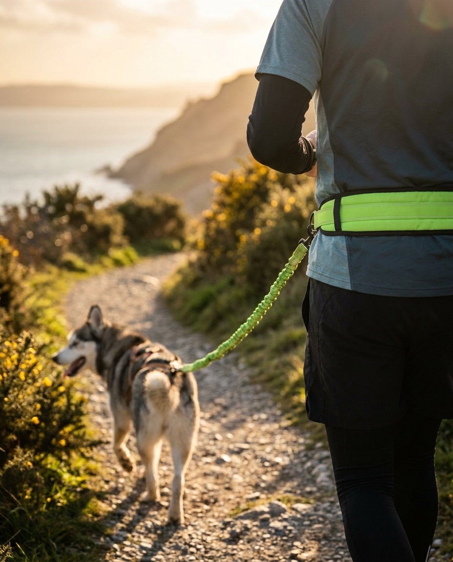 Close-up of a runner's waist with hands-free bungee dog leash and dog trotting alongside