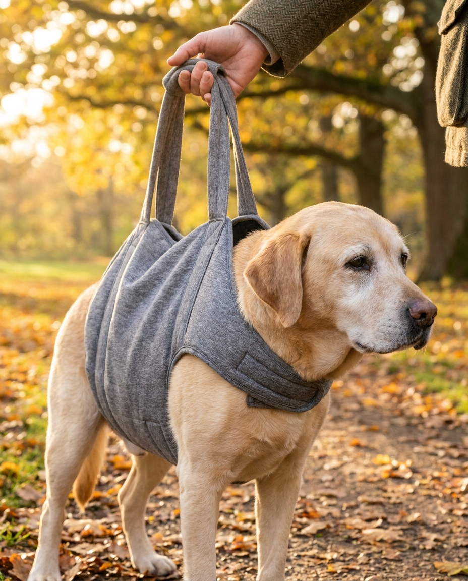 Close-up of a padded heather-gray rehabilitation sling supporting a senior labrador's belly