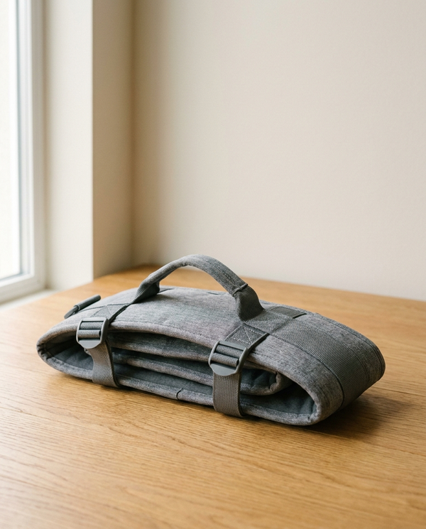 Padded heather-gray dog rehabilitation support sling folded on a warm oak wooden floor