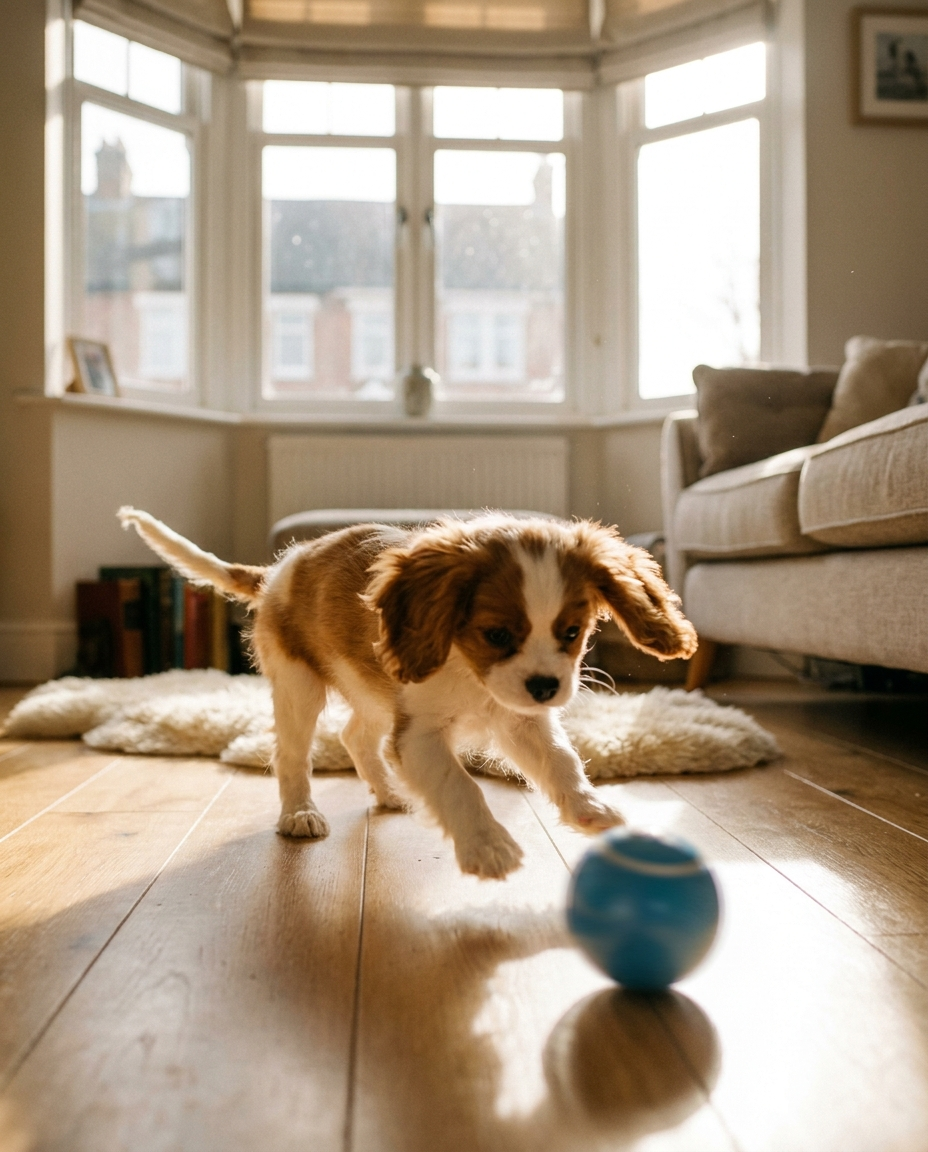 Cavalier king charles spaniel puppy batting at a rolling blue smart interactive dog ball