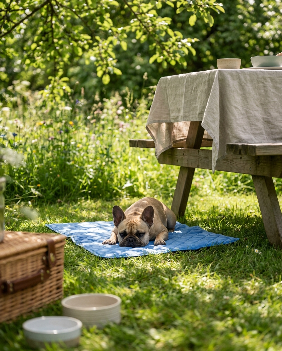 French bulldog on a blue self-cooling gel pad in the shade under a garden picnic table