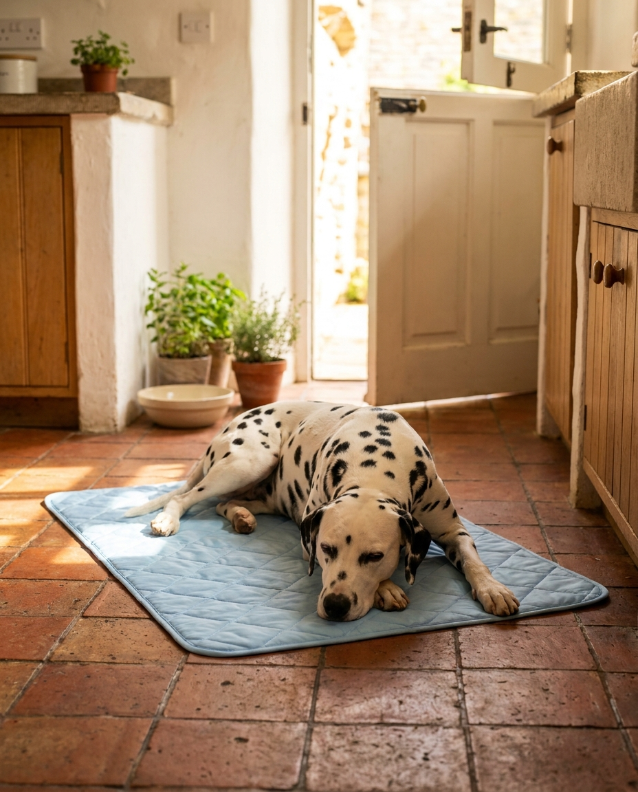 Dalmatian sprawled contentedly on a blue self-cooling gel pad on a cool tiled kitchen floor