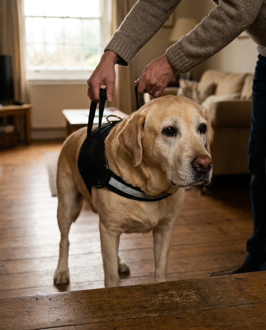 Senior labrador helped up a wooden UK home staircase with a padded reflective recovery harness