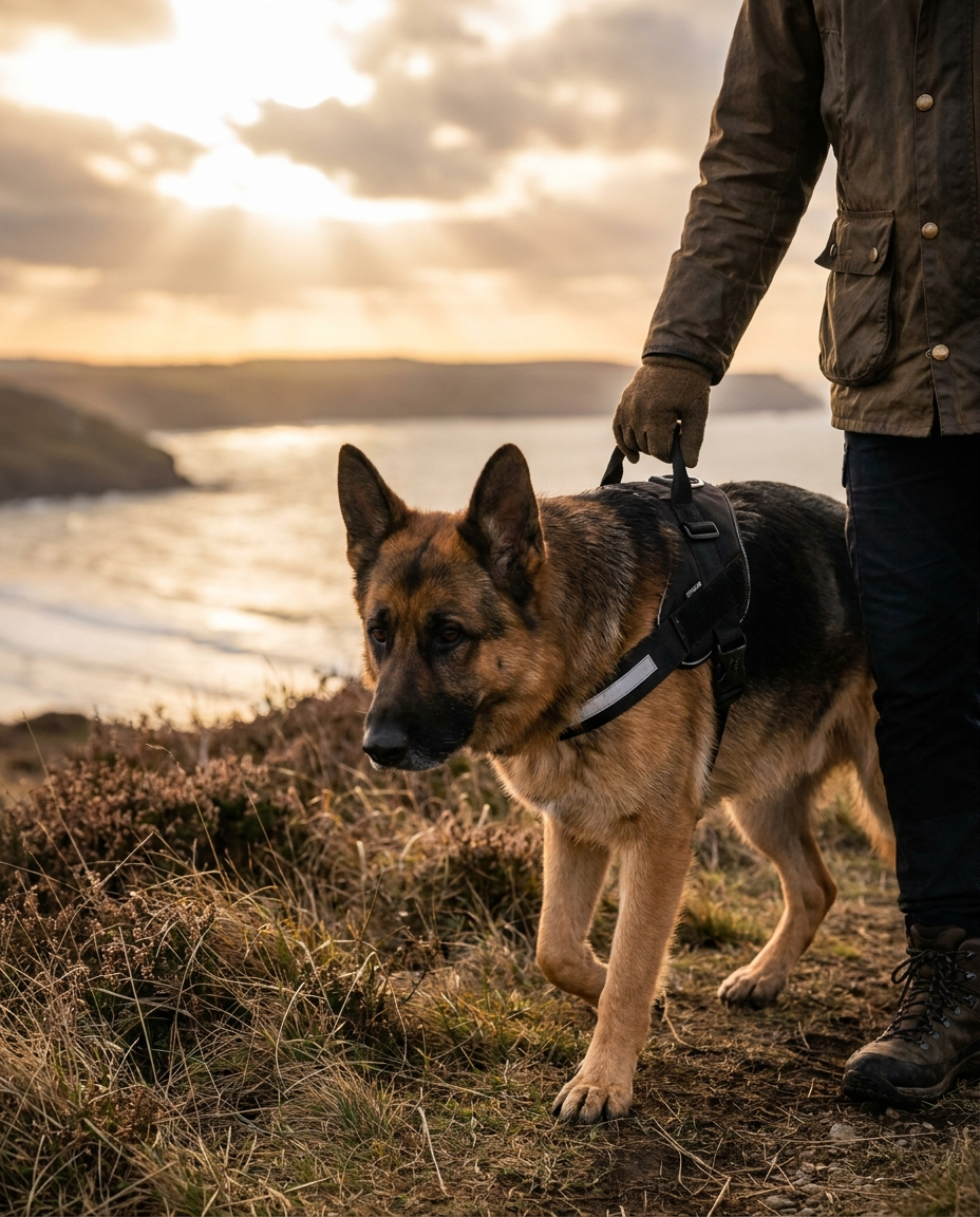 German shepherd walking a UK coastal path supported by the top handles of a padded recovery harness