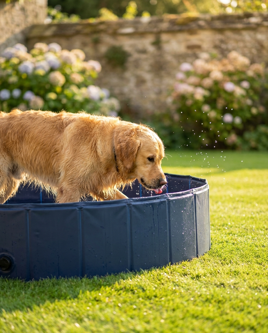 Golden retriever wading and lapping water in a blue foldable dog paddling pool on a British garden lawn