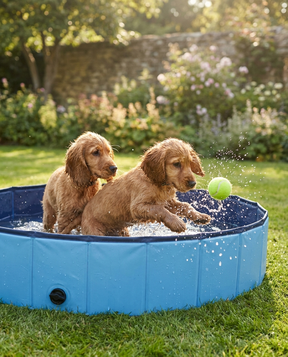 Two cocker spaniel puppies play-splashing with a tennis ball in a blue foldable dog paddling pool