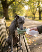 Whippet drinking from a portable dog water bottle bowl at a wooden park bench in a leafy UK park