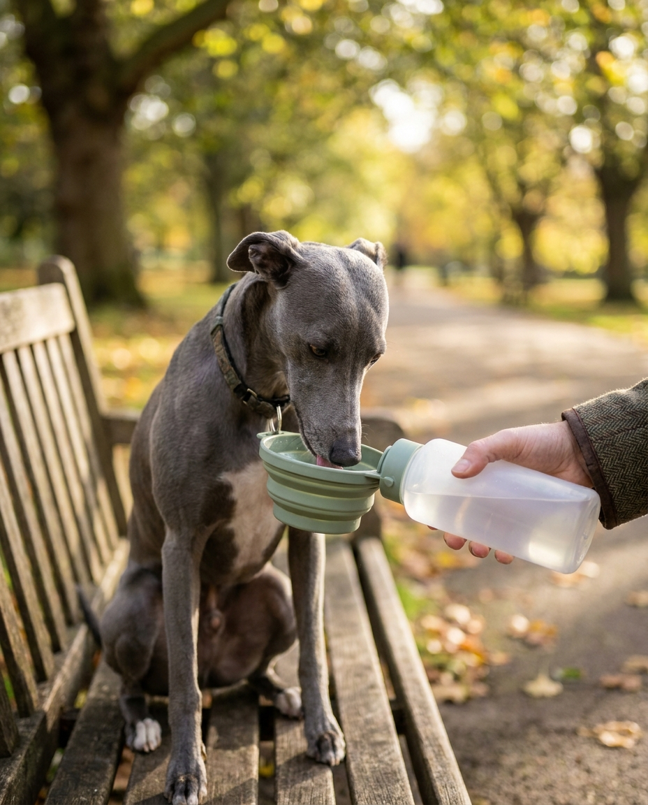 Whippet drinking from a portable dog water bottle bowl at a wooden park bench in a leafy UK park