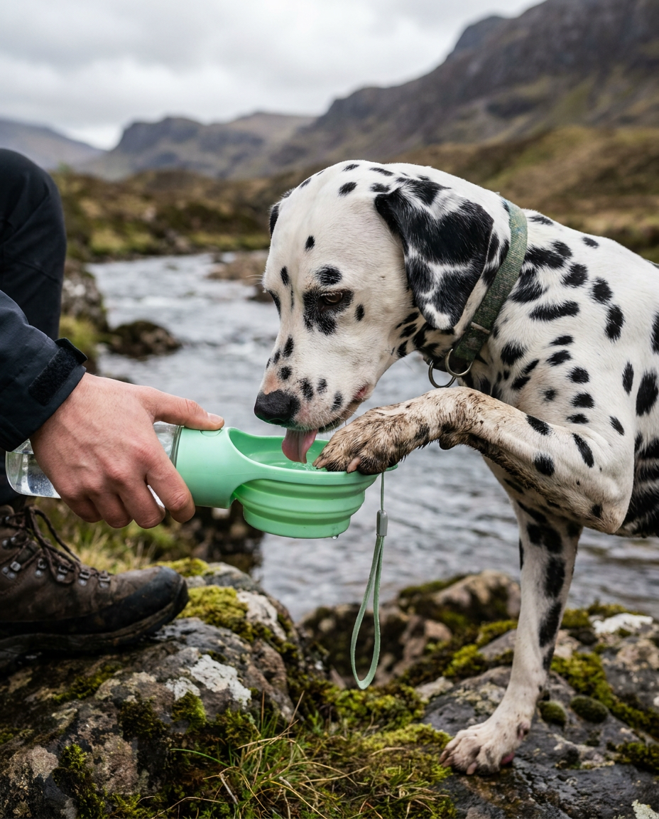 Dalmatian drinking from a portable dog water bottle on a rocky UK river bank
