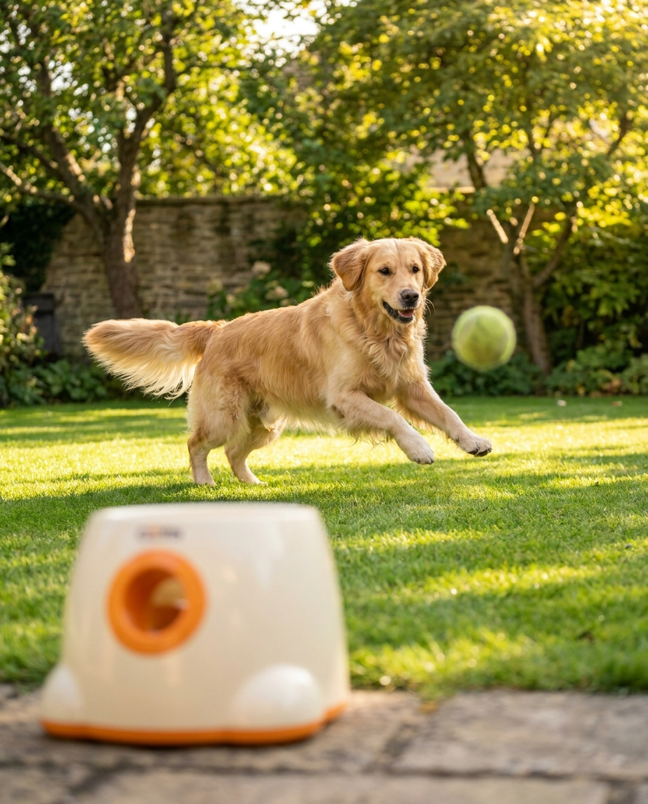 Golden retriever bounding across a British garden lawn chasing a tennis ball from a ball launcher