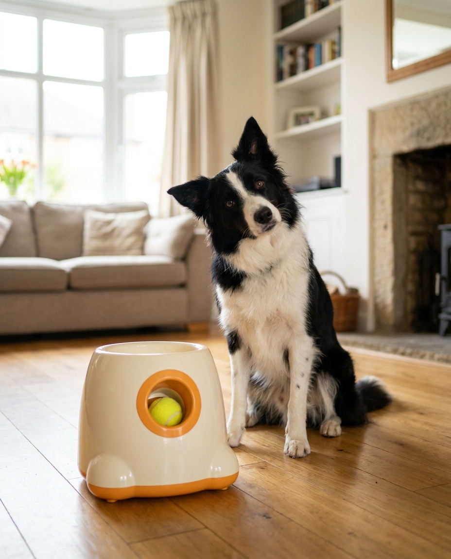Alert border collie waiting patiently in front of an automatic dog ball launcher indoors