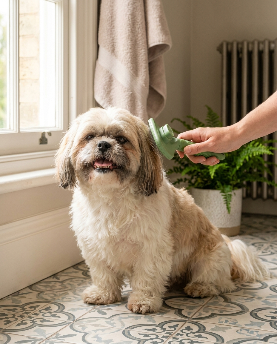Shih tzu being groomed with a green self-cleaning slicker brush in a bright UK bathroom